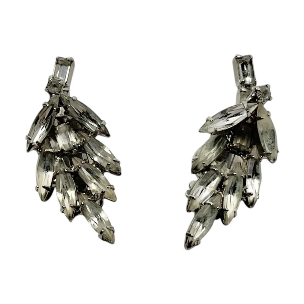 1950s Weiss Clear Navette Rhinestone Silver Leaf Feather Spray Clip-on Earrings